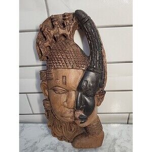 African King Queen Hand Carved Wood Tribal Mask Wall Hanging House Office Decor